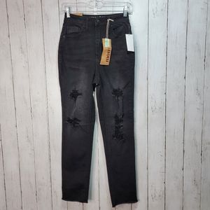 NWT Vanilla Star Women's Super High Rise Mom Jeans Distressed BLACK Size 1.